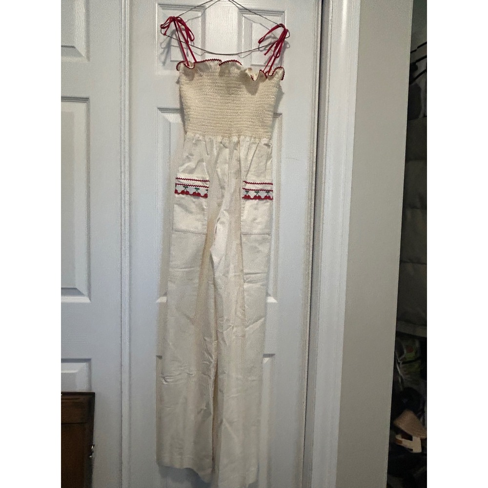 Vintage Young Edwardian Arpeja Smocked Cherry Jumpsuit Cream Wide Leg Sz 9